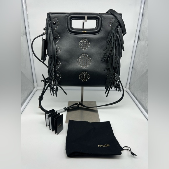NWT MAJE Sac M Black Studded Leather Embellished Clover Motif Fringe Crossbody - Picture 3 of 13